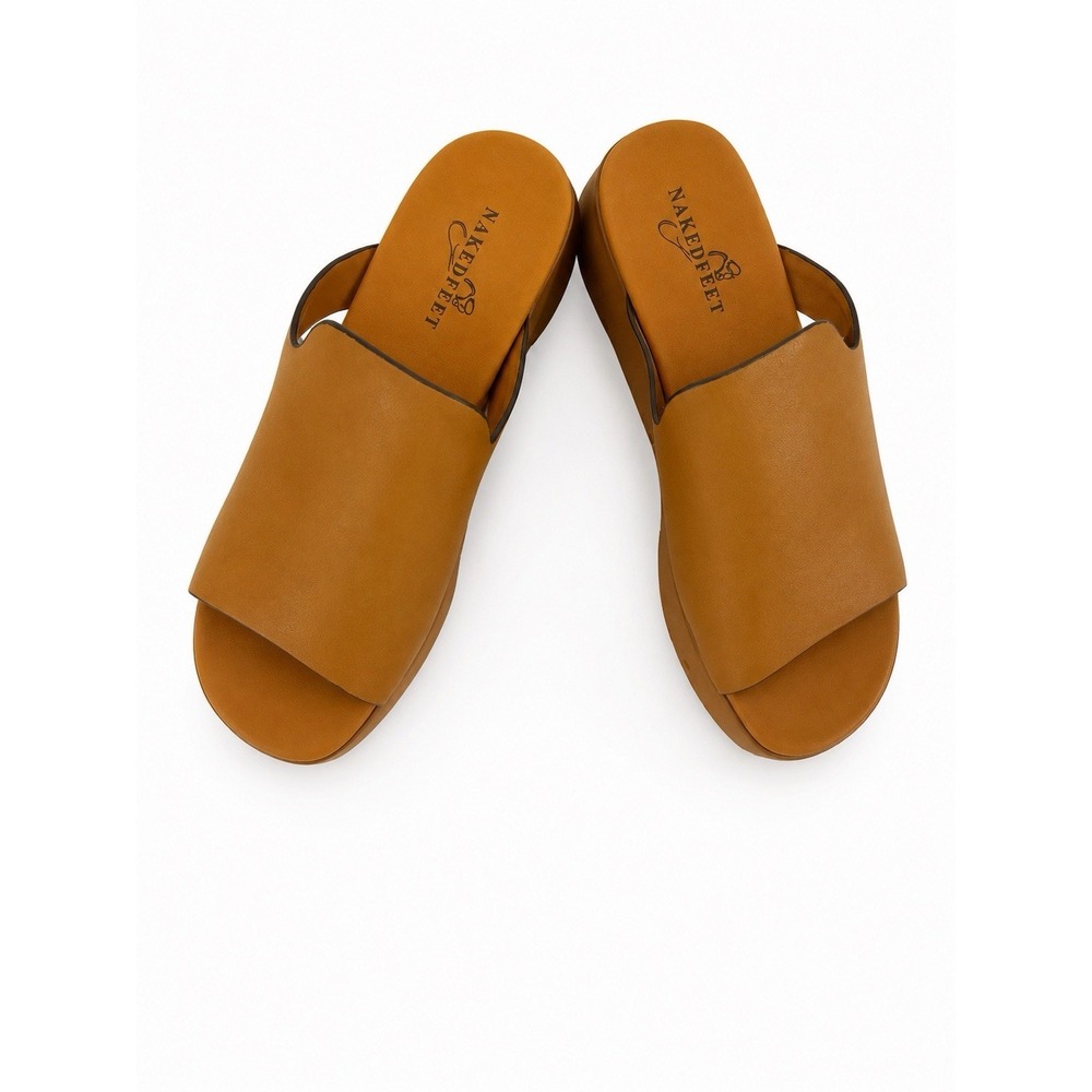 Naked Feet Women's Size 6 Tan Brown Leather Slide Sandals Chunky Lug Sole